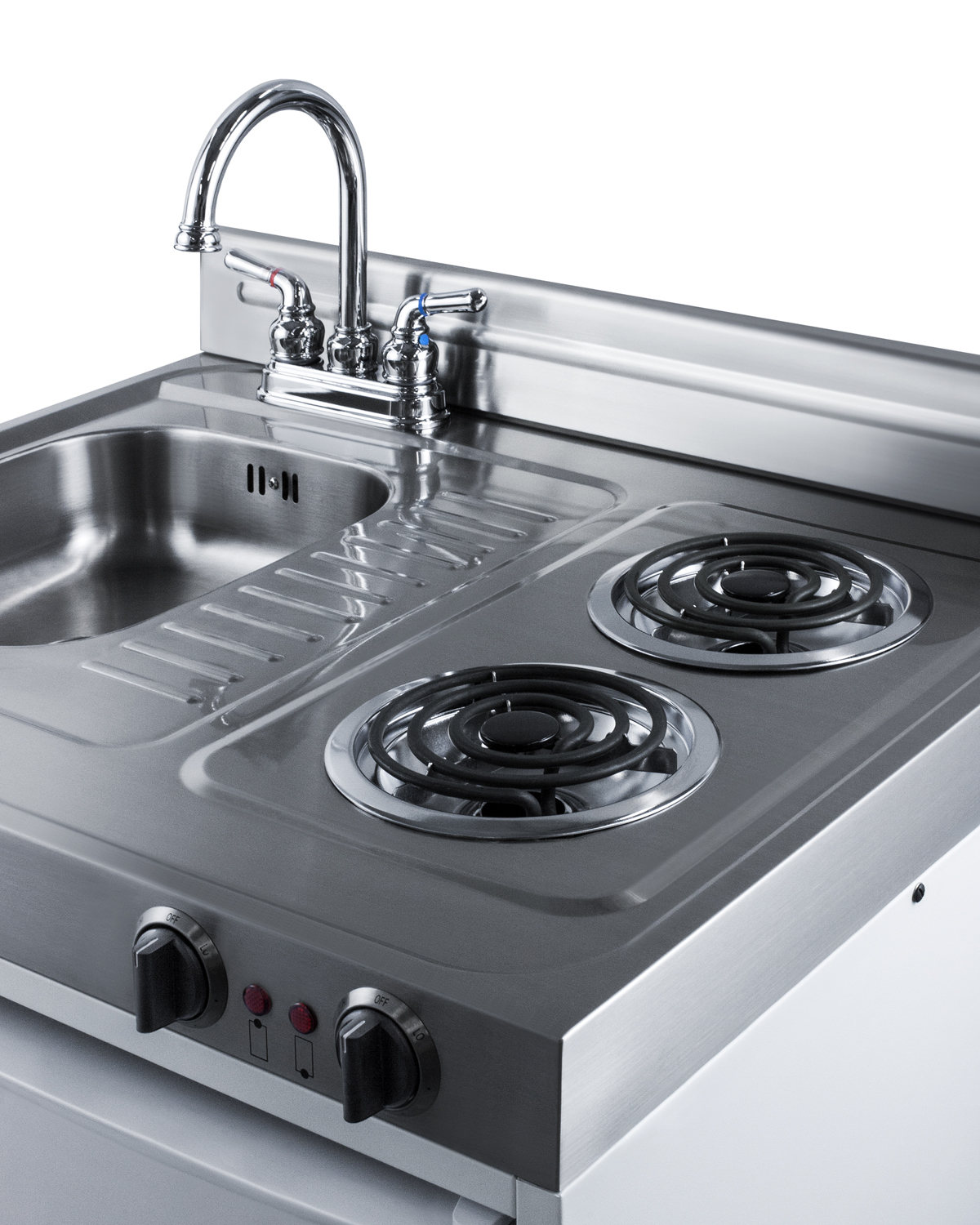 30 inch wide all-in-one kitchenette with 2-burner 115V coil cooktop, refrigerator-freezer, sink, and storage cabinet